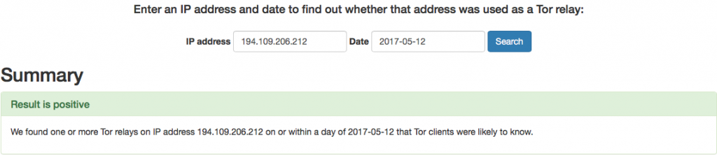 Copia de pantalla de exonerator.torproyect.org verificando que la IP detectada por ReaQta-Hive en WannaCrypt0r forma parte de Tor.